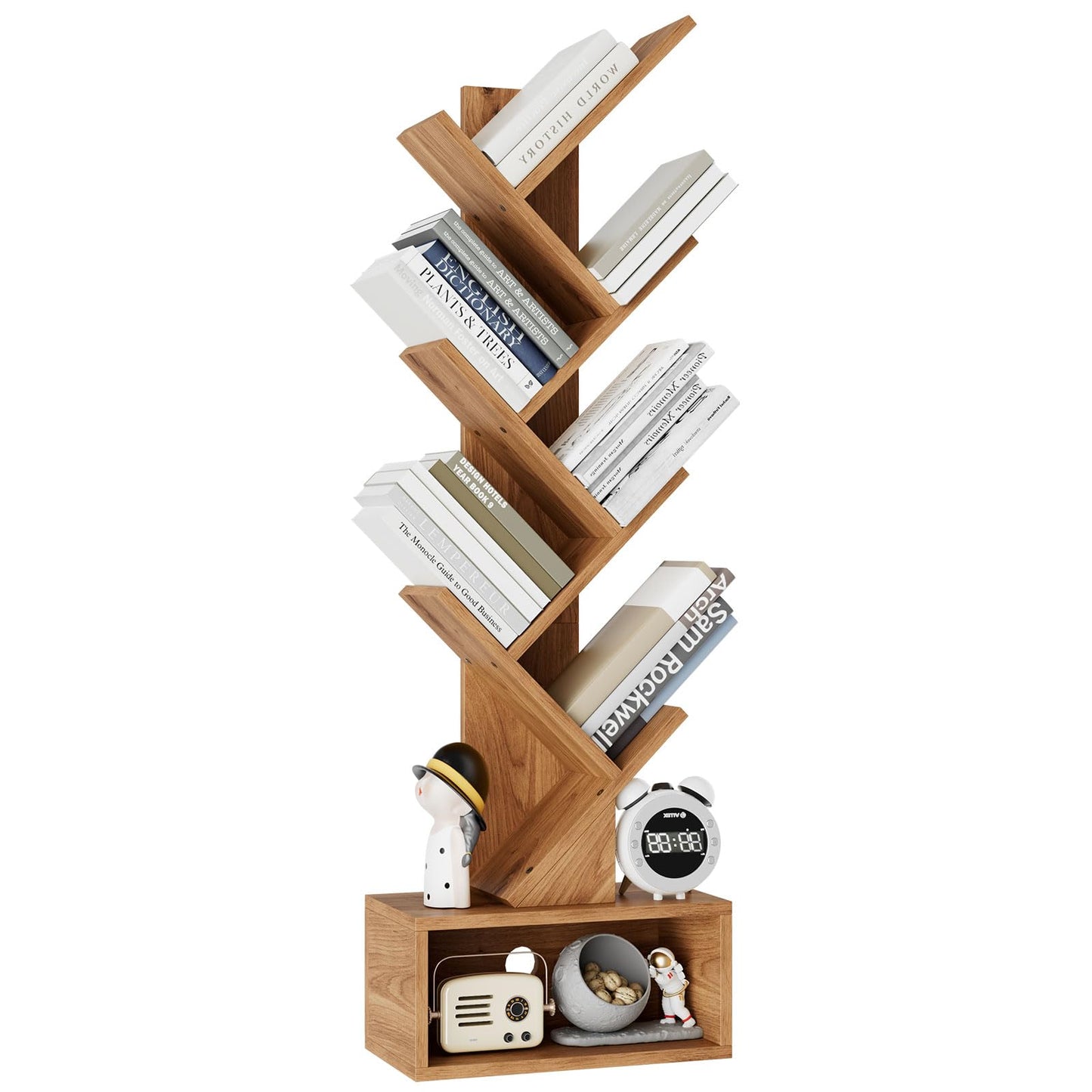 YMYNY 6 Tier Tree Bookshelf, Tall Bookcase, Wood Book Storage Rack with Drawer, Modern Floor Standing Book Shelf for Books/Movies/CDs