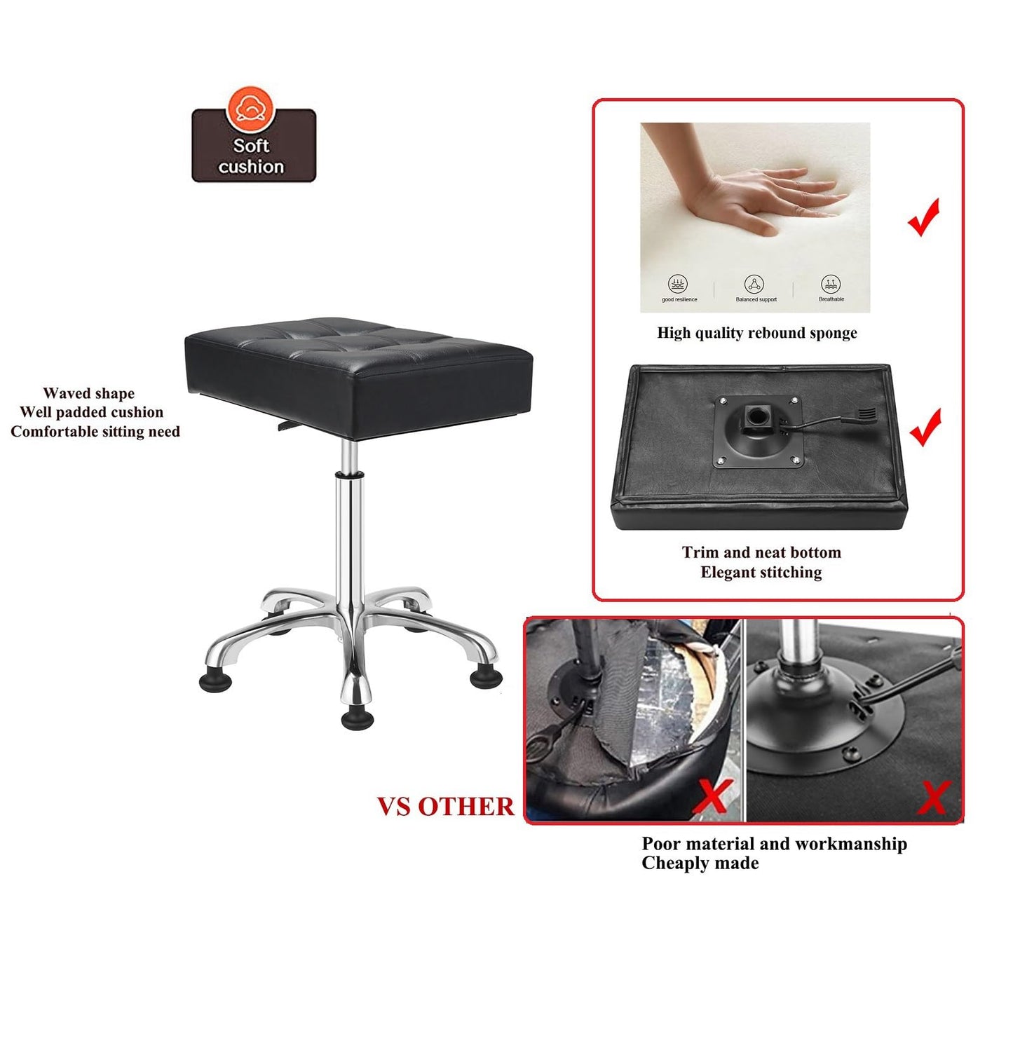 Heavy Duty Stool with Stationary Cassters: Backless Adjustable Stool Chair