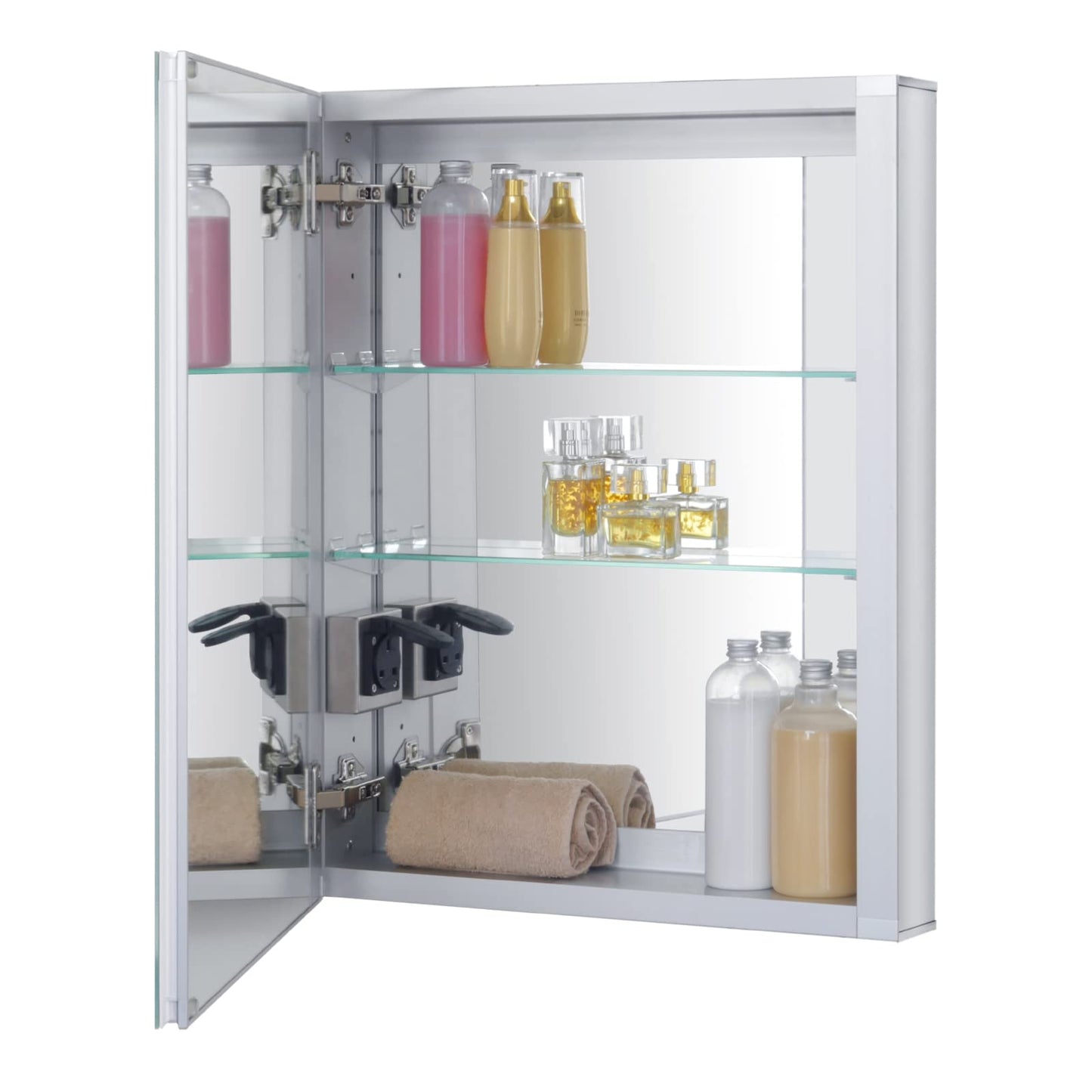 Fundin LED Illuminated Bathroom Mirror Cabinet with Defogger, Dimmer and Socket, Recessed or Surface Mount, Aluminum material, 51W x 65H cm