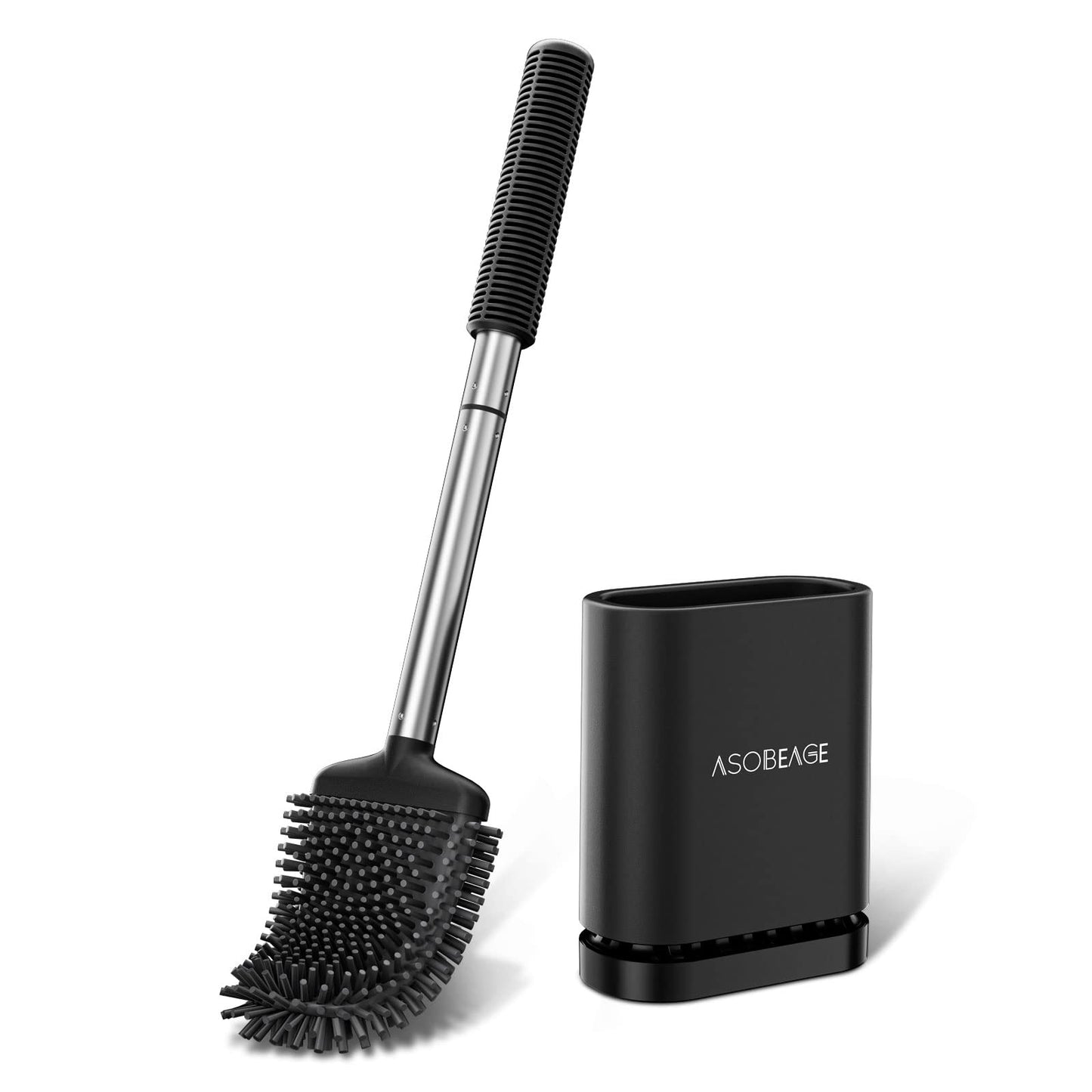 ASOBEAGE Silicone Toilet Brush: Flexible Head, Stainless Steel Handle, Wall-mounted, Quick-drying Holder for Bathroom Clean (Black)