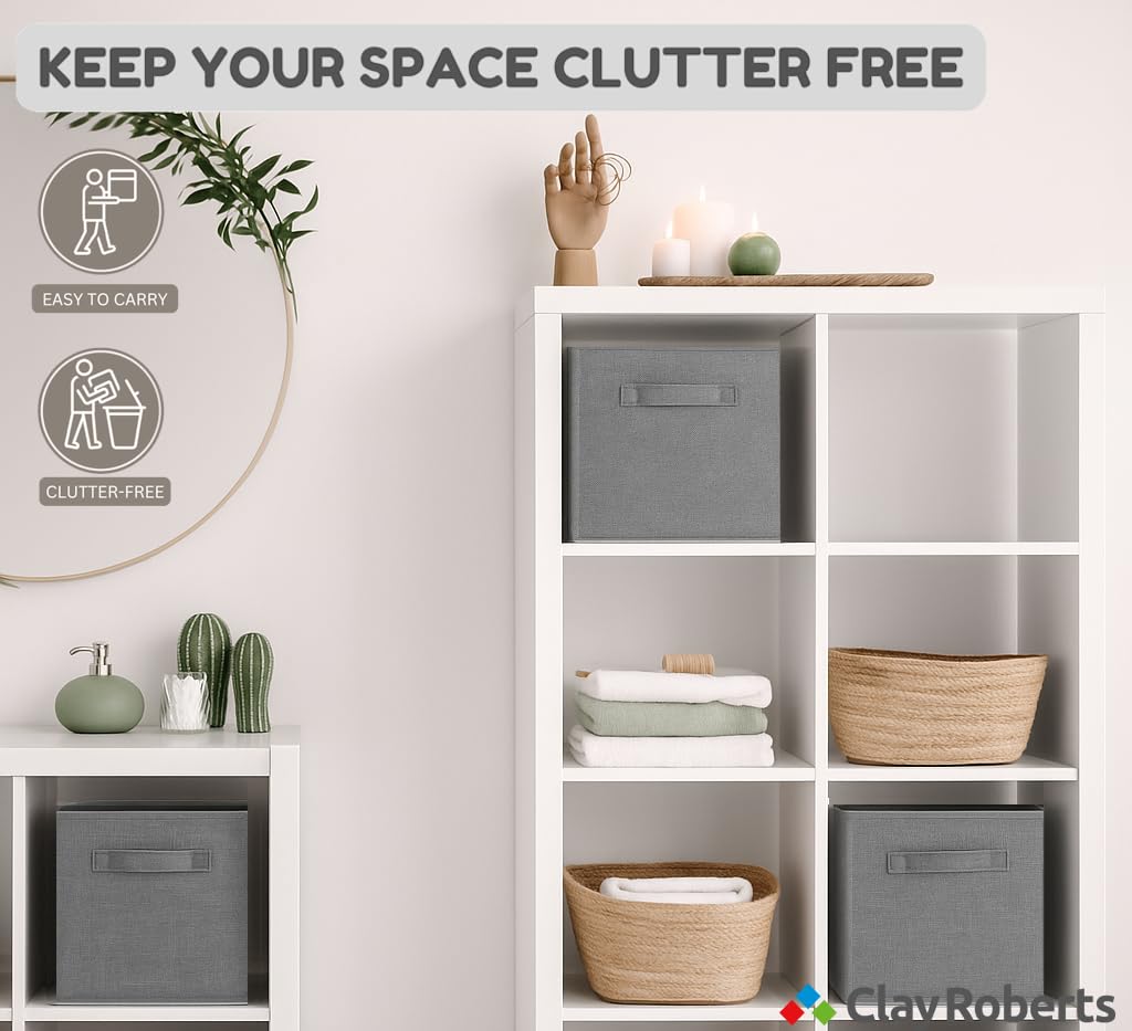 Clay Roberts Storage Cubes, Storage Boxes, Pack of 4, Grey, Fabric Basket Set for Storage Units, 25cm x 25cm x 25cm, Grey Baskets, Boxes, Box