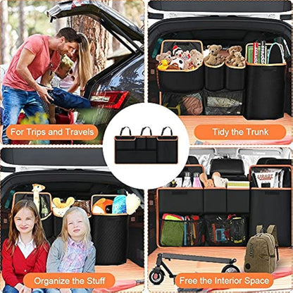 URAQT Car Boot Organiser Waterproof Kick Mats Seat Back Protectors, Travel Durable Foldable Multi-Pocket Children's Cargo Net Storage for Car Backseat Cover (100x45cm)