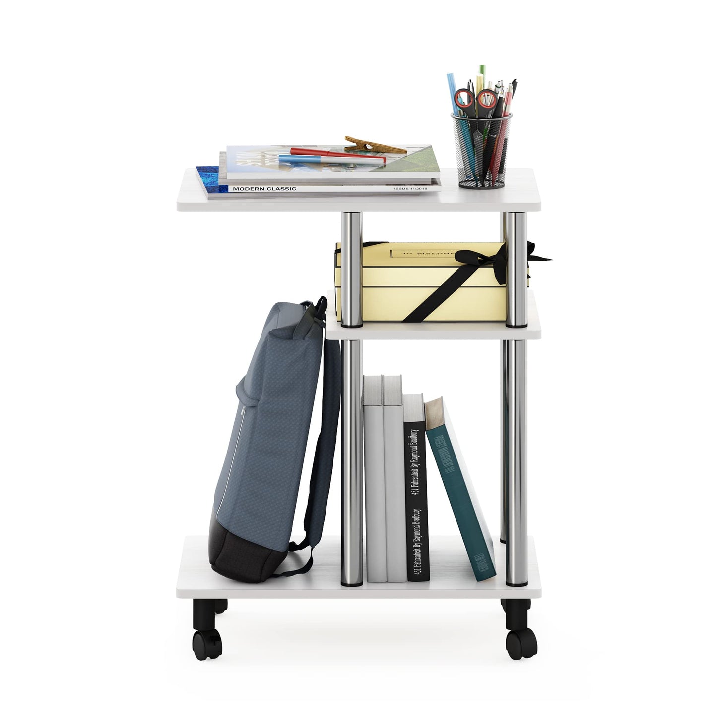 Furinno TURN-N-TUBE Side Table, 3-Tier C-Shape End Table with Wheels, Toolless Assembly Night Stand, Bedside Table with Open Shelf, for Living Room