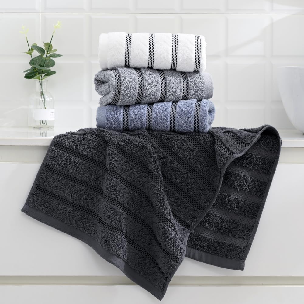 sense gnosis 100% Cotton White Hand Towel Set of 2 Thick Jacquard Ribbed Striped Soft Quick Dry and Absorbent Bathroom Decorative Hand Towel 13 x 29