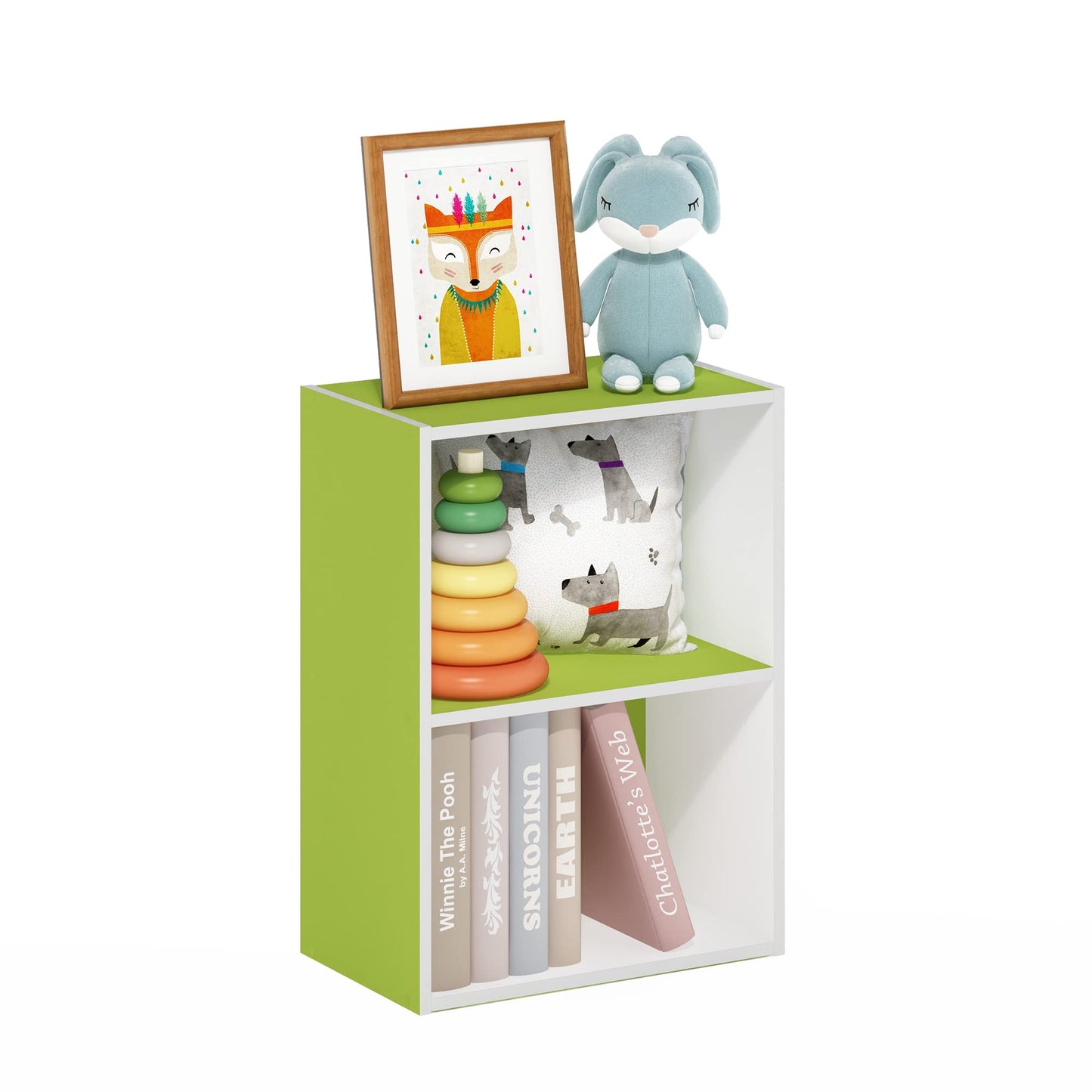 Furinno LUDER Book Shelf, 2-Tier Modern Bookshelf, Open Shelves Bookcase 9 x 16 x 21, for Living Room, Bedroom, Home Office, Green/White