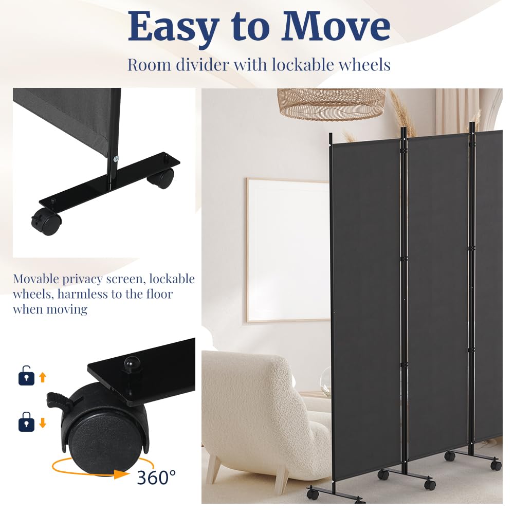 Kokorona 4 Panel Room Divider, 6FT Tall Rolling Privacy Screen with Lockable Wheels, Folding Wall Dividers Portable Room Divider for Room Separation