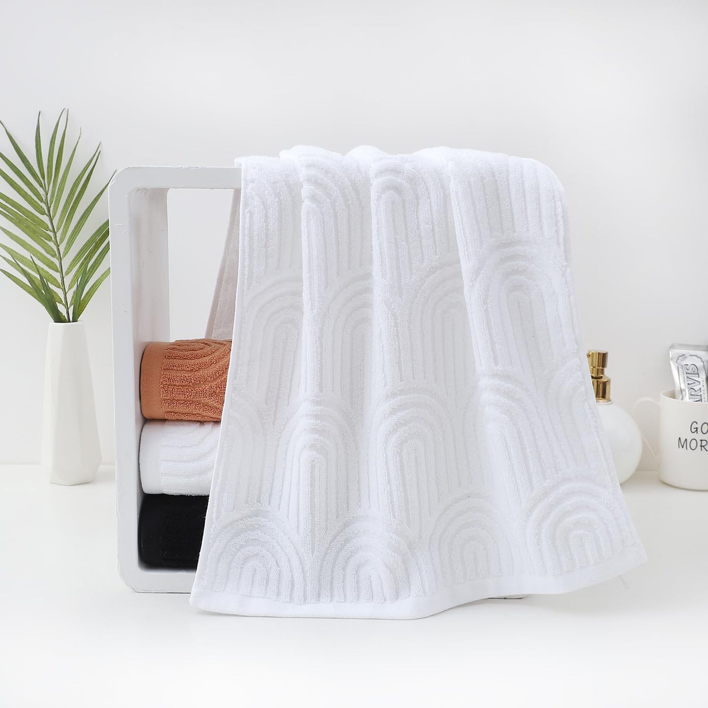 Pidada Hand Towels Set of 4 Striped Pattern 100% Cotton Absorbent Soft Decorative Towel for Bathroom (White)