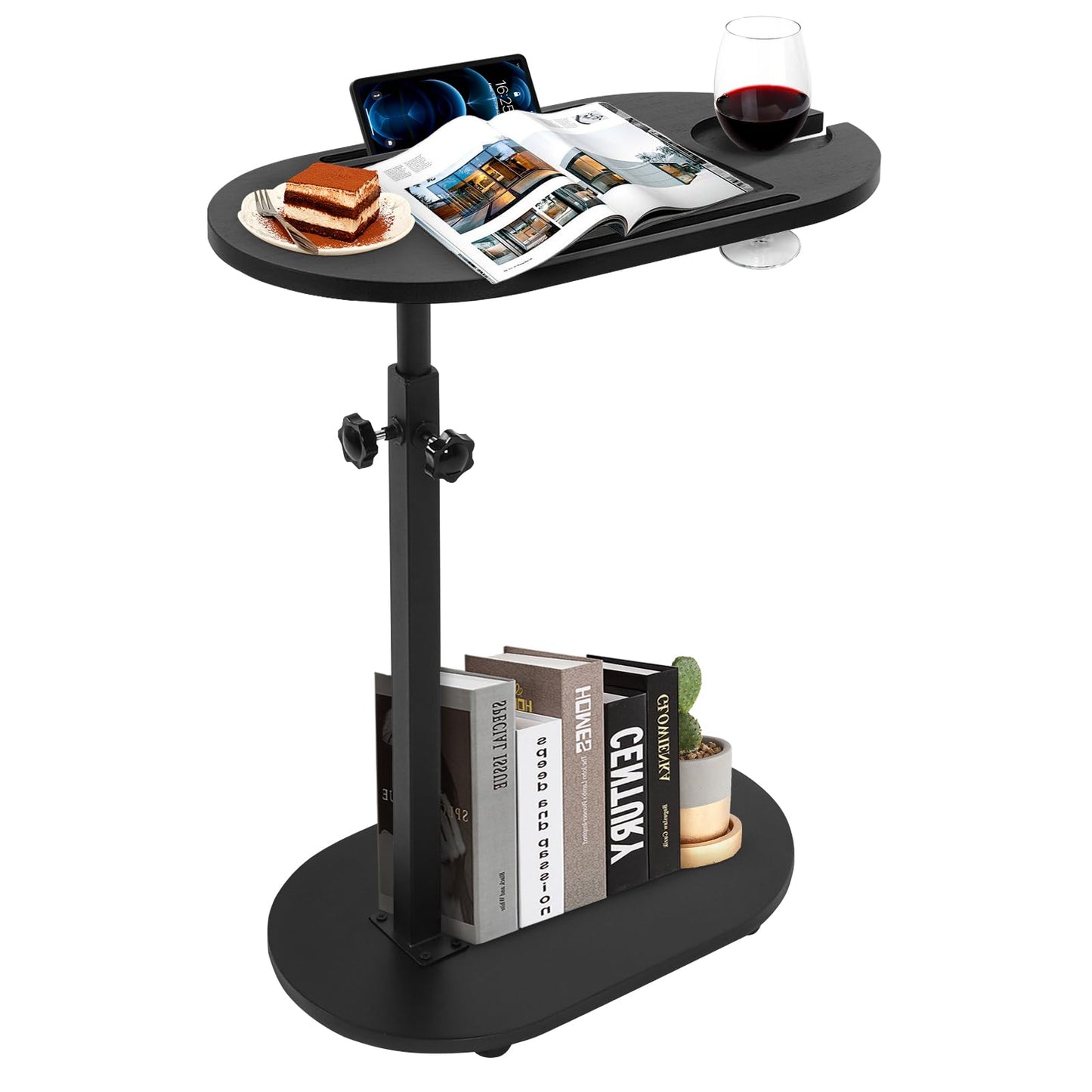 C Shaped End Table with Adjustable Height and Rotating Top
