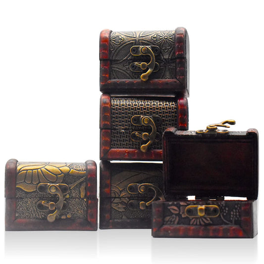 Forreen Treasure Chest Small, 5 Pieces Wooden Chest with Lid Vintage Pirate Antique Design Multifunctional Jewellery Box for Girls Ladies Women Home
