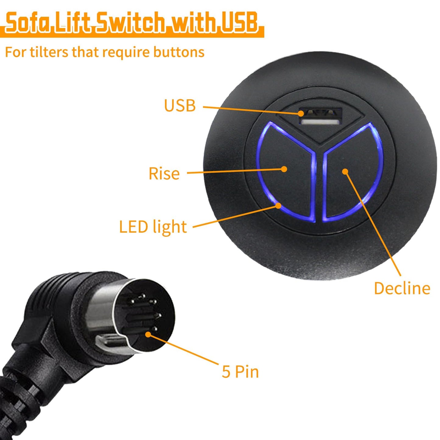 5Pin Recliner Chair Electric Switch Contror, Recliner Controller with USB & 2 Button