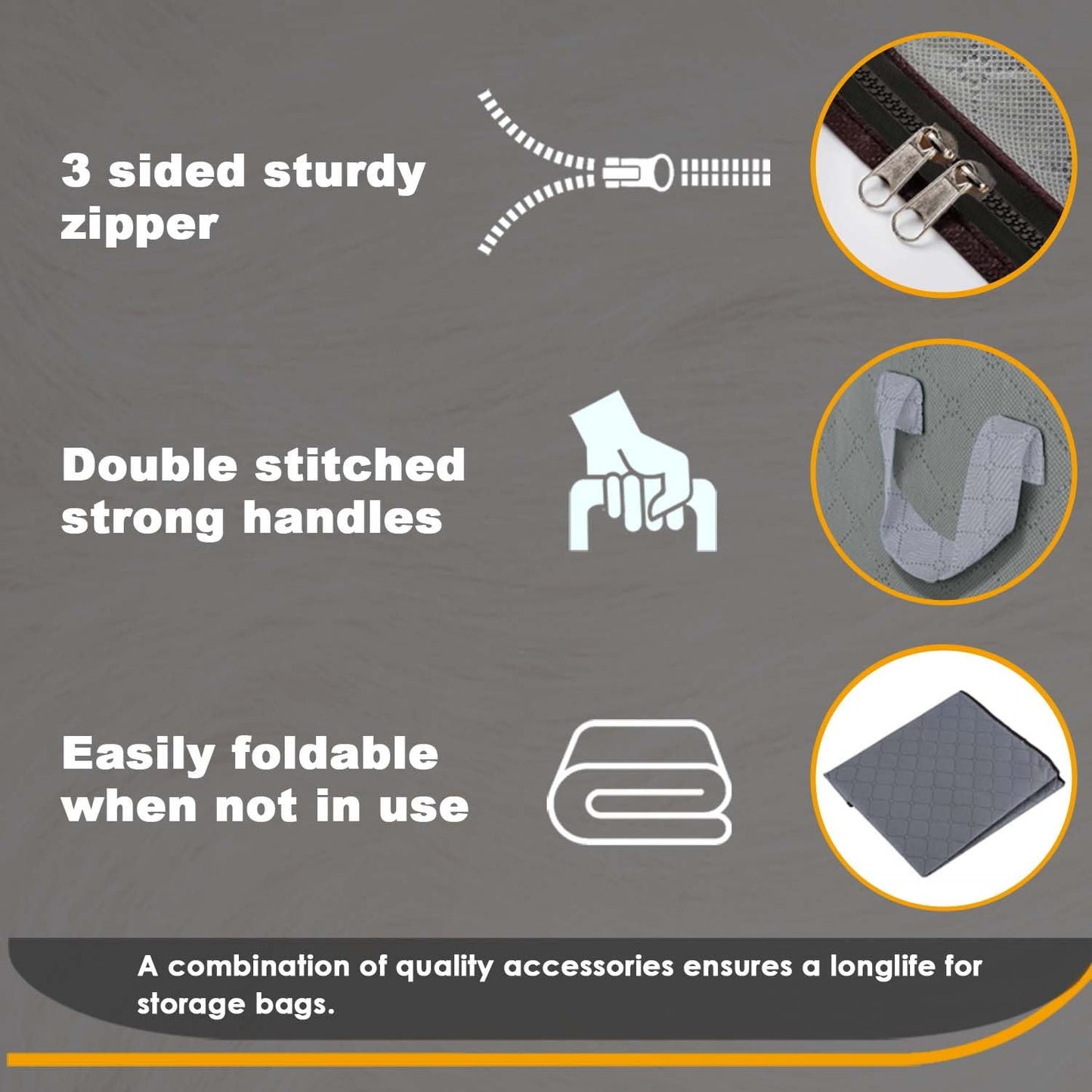 KURNI Storage Bags | Clothes Organizer Boxes, Foldable 3 Pack Grey, 90L Capacity, 3 Sided Zipper Moving Large Bag. Dust & Moisture Proof