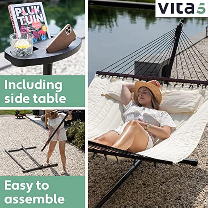 Vita5 Hammock Stand with Sidetable, Garden Hammocks 2 Persons, Side Table & Detachable Pillow, Heavy Duty 200kg Capacity, Indoor and Outdoor Hammock for Patio, Pool or Backyard (Beige)