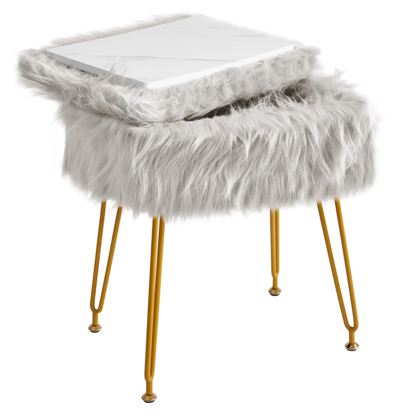 IBUYKE Rectangular Faux Fur Vanity Stool with Storage, Gray WBD022G