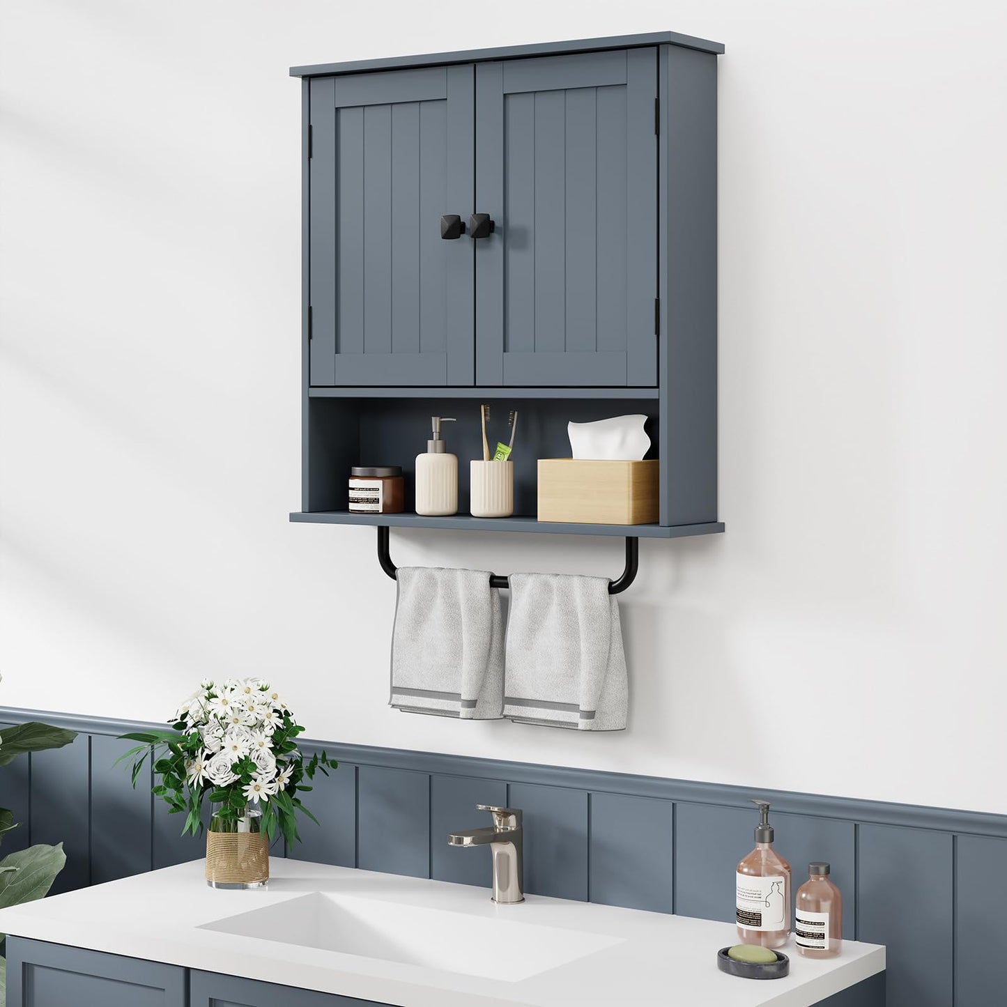 RRX Bathroom Cabinet Wall Mounted Medicine Cabinets with Towels Bar (Gray)