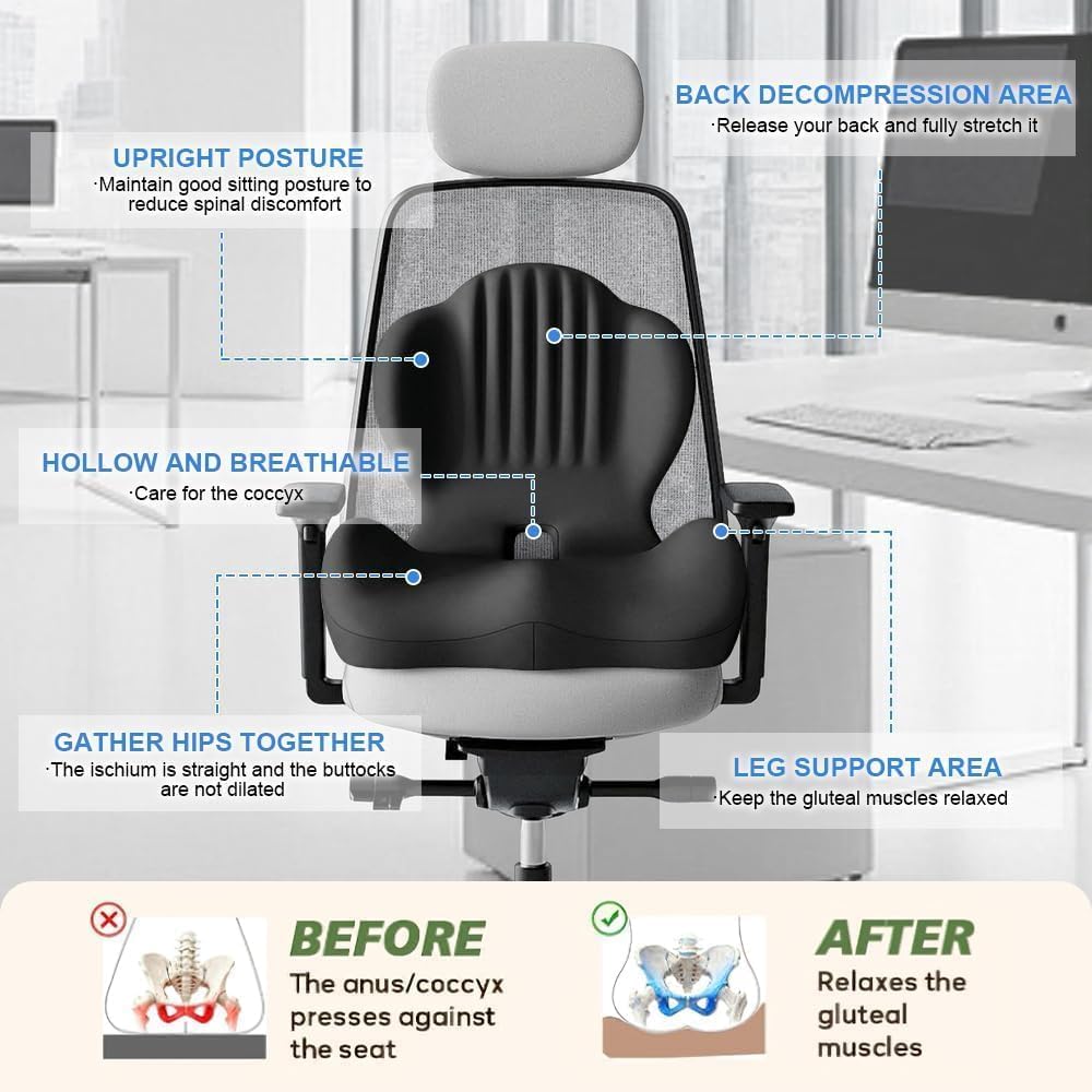Gresonic Ergonomic Memory Foam Seat Cushion, For Office, Car, Gaming & Dining Chairs, Sciatica, Tailbone & Coccyx Pain Relief