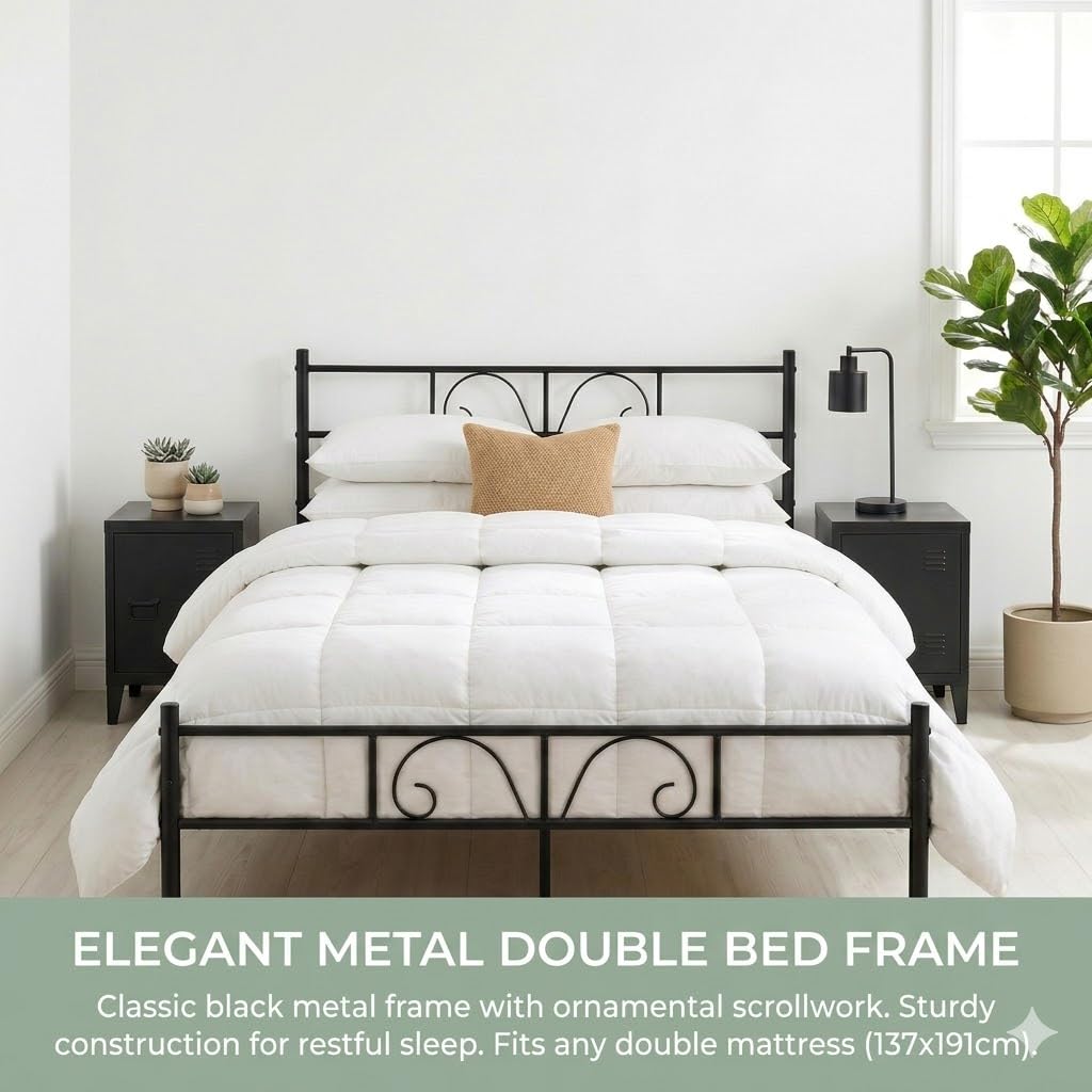 FurnitureR Black Metal Double Bed, Design Frame with Ornamental Patterns, Steel Slatted Base, Ideal for Bedroom, Studio, Guest, 140 x 190 cm