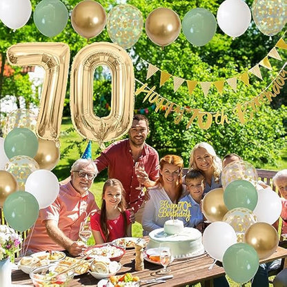 70th Birthday Decorations for Men Women - Sage Green White Gold Balloons with Happy Birthday Banner, Cake Decoration, Number 70 Balloon for Year Old Party Decor