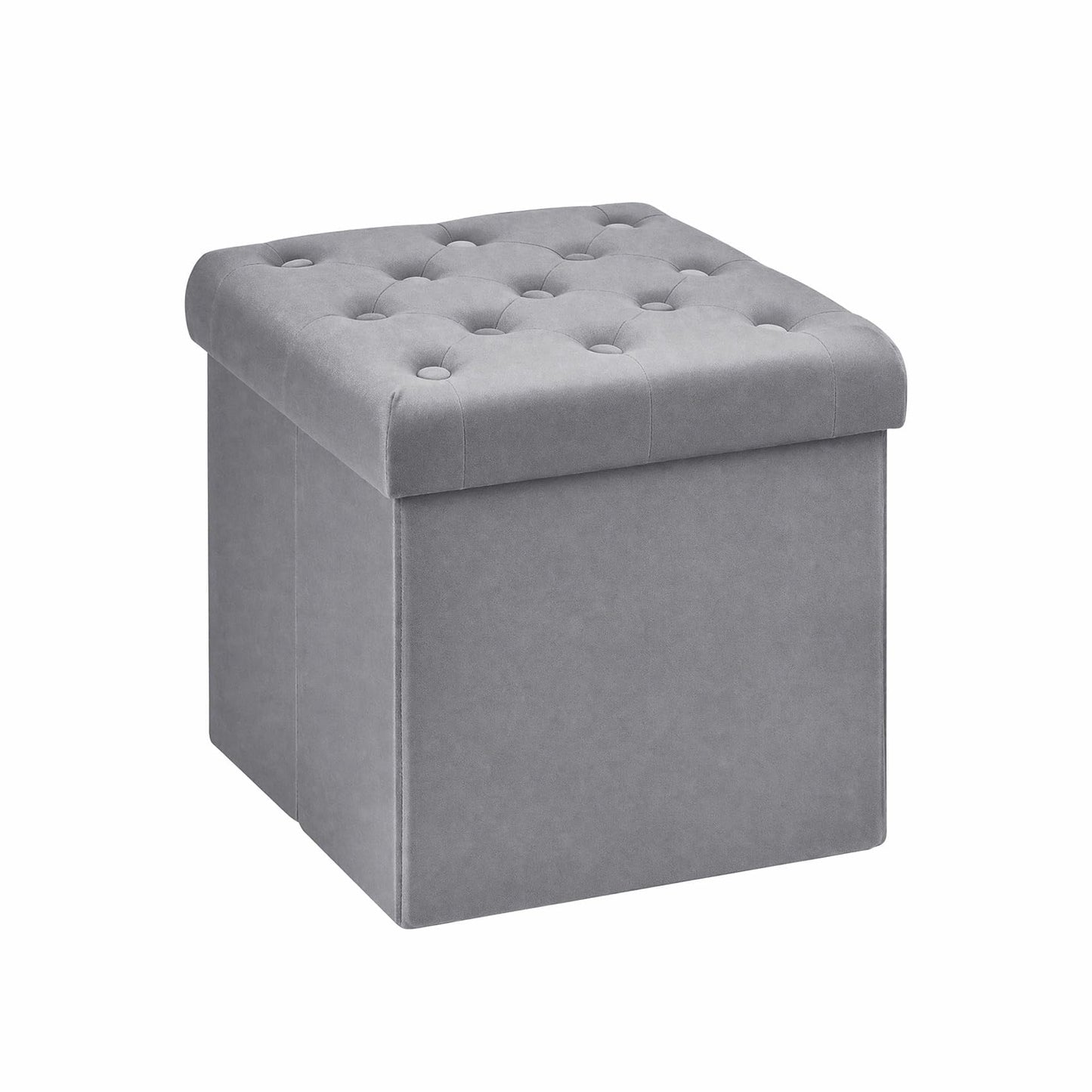 Bonlife Velvet Foldable Storage Ottoman Cube,Grey Footstool with Lid,40cm