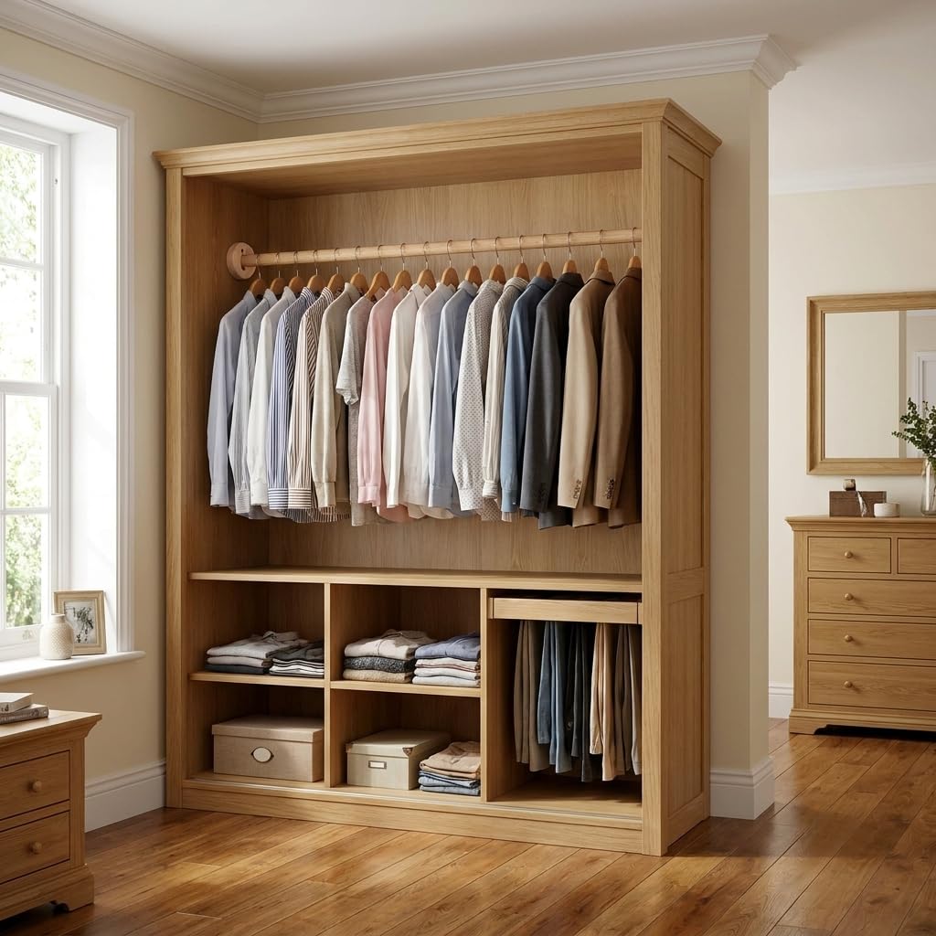 Wardrobe Rod, Natural Beech Wood Heavy Duty Closet Rod with 2 Bracket Support And Screws, Easy To Install
