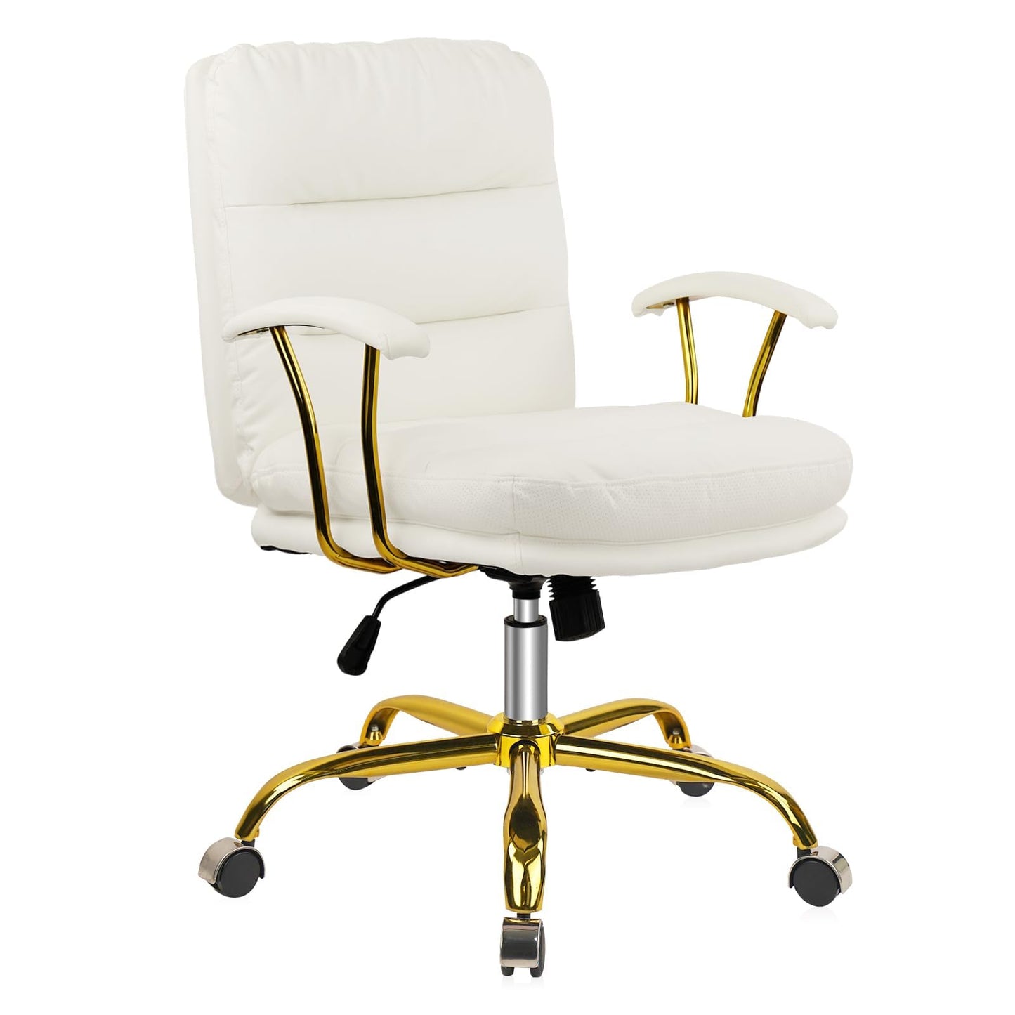 KLASIKA White Leather Office Chair with Gold Legs, Adjustable Height Home Desk Chairs with Padded Seat & Arms