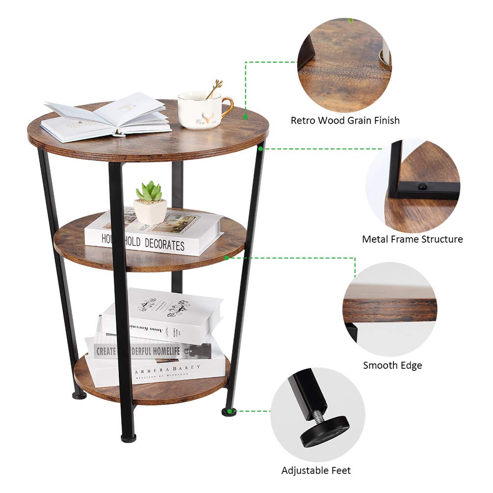 DREAMSOULE Industrial End Table, 3 Tiers Round Side Table with Sturdy Metal Frame, Round Sofa Table, Vintage Nightstand for Living Room Bedroom
