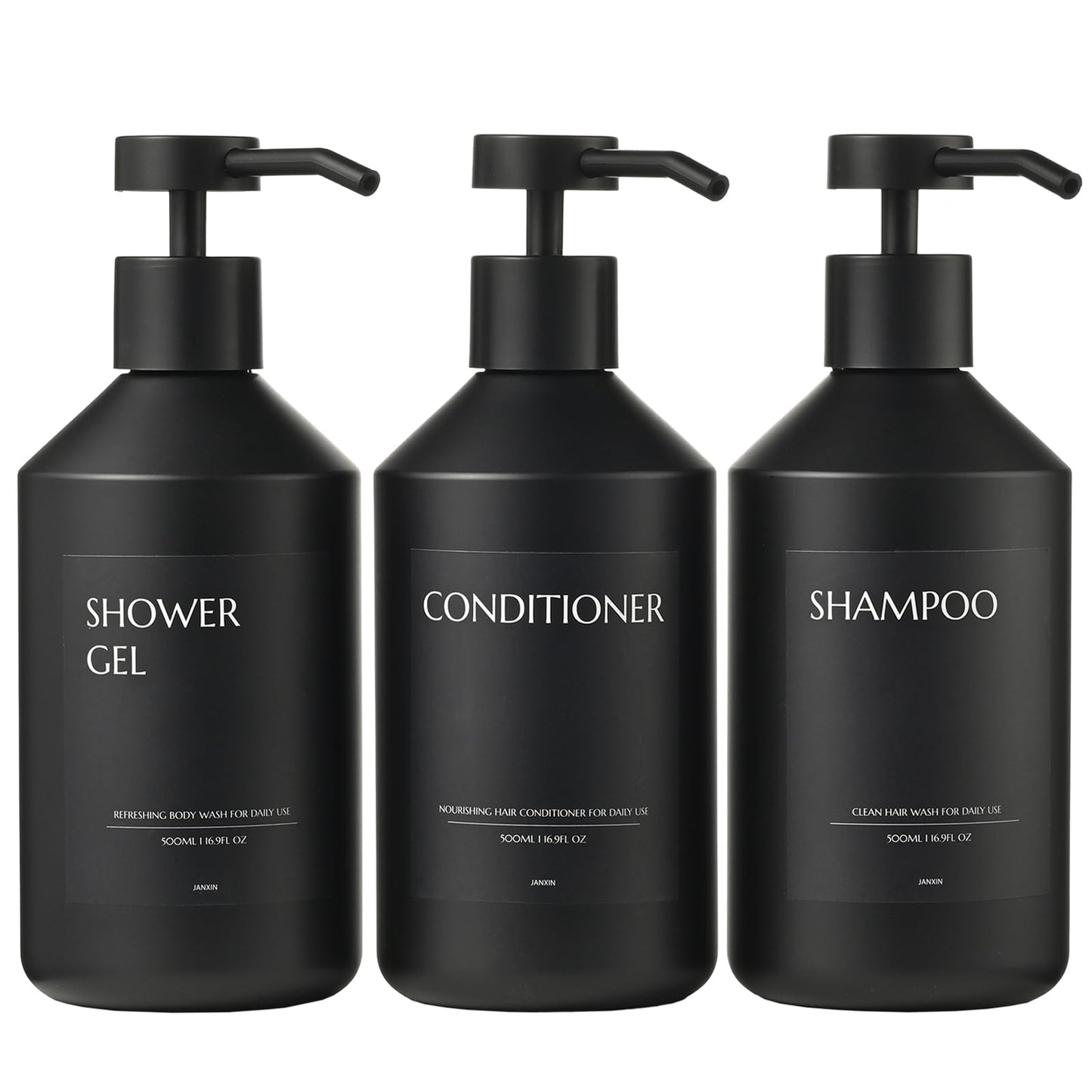 Janxin 3 500ml Black Soap Dispenser, Refillable Shampoo and Conditioner Bottles, Shampoo and Conditioner Dispenser