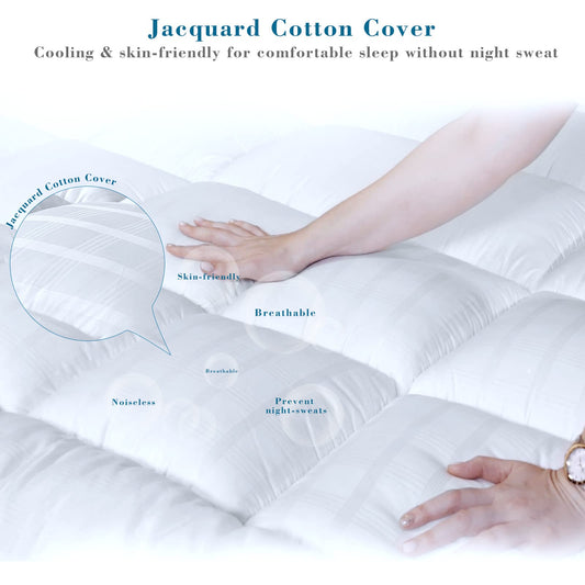 Threads For Bed Extra Thick Mattress Topper Single Bed 100% Cotton Cover, Soft Mattress Bed Topper Pad with Elastic Anchor Corner Straps, Baffle Box