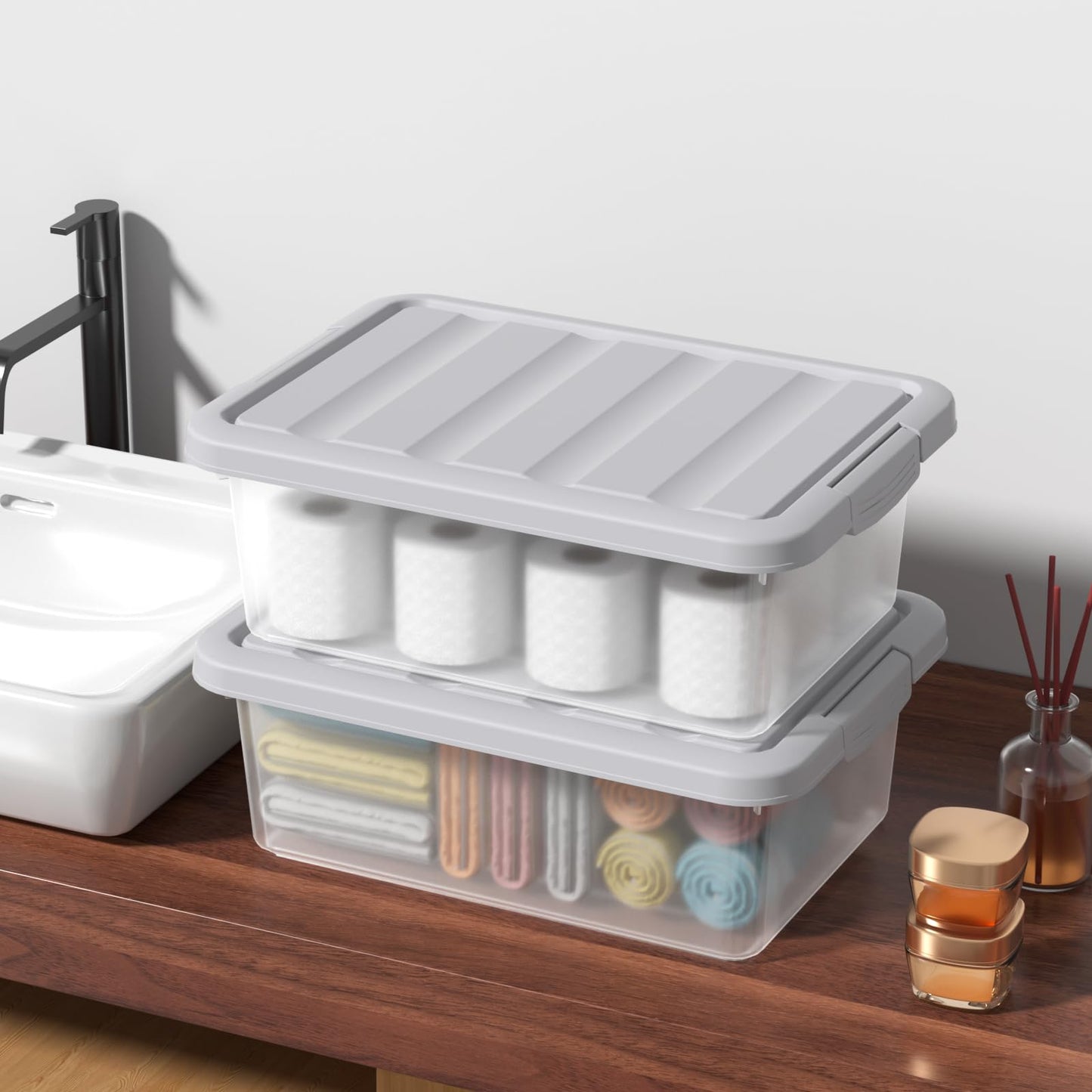 Yesdate 2 Pcs 16 L Clear Stackable Latch Bins, Plastic Storage Box with Gray Lid