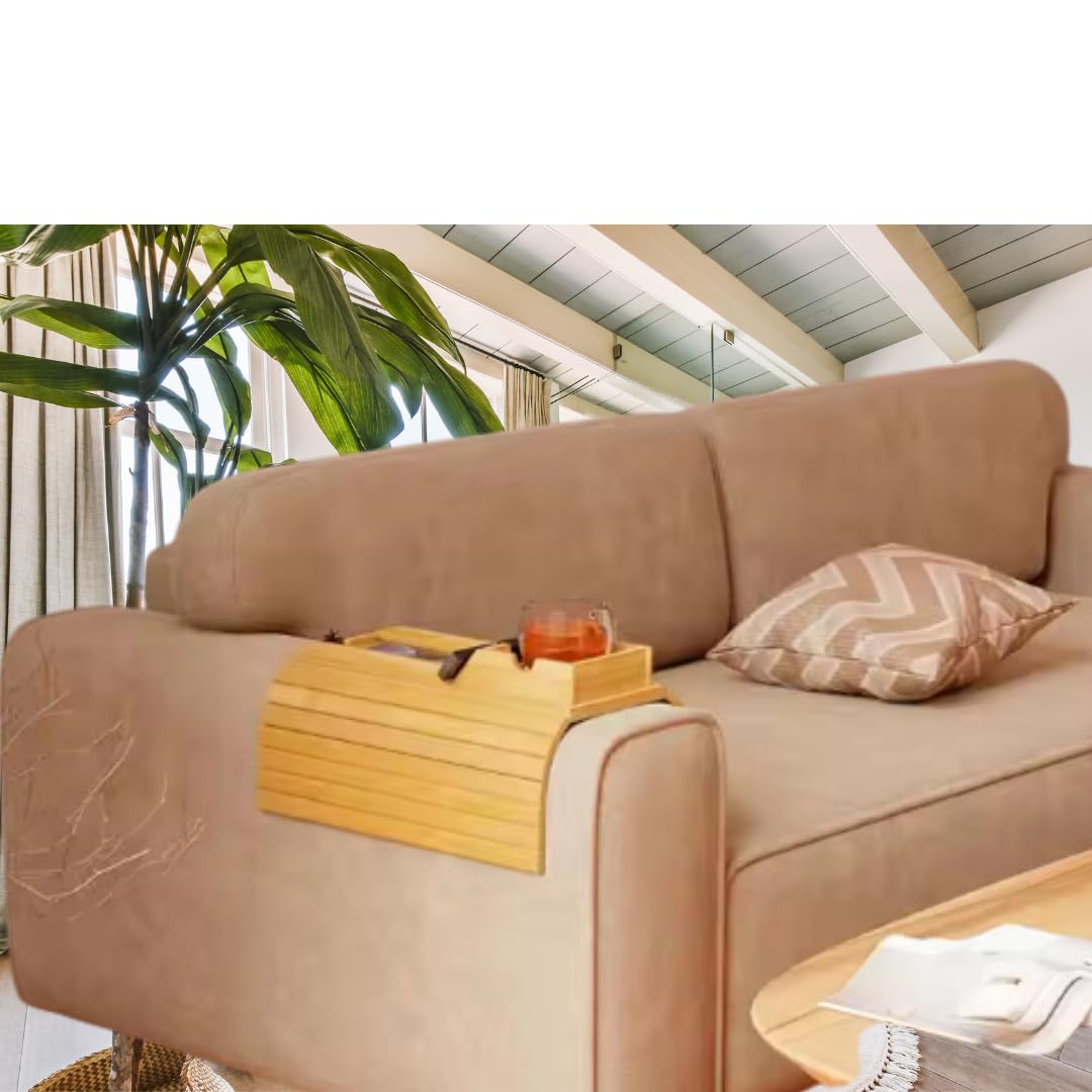 Naturebuz 2-in-1 Wooden Sofa Tray Table with Detachable Tray Bamboo Armrest Table Non-Slip fCups, Remotes, Bottles, Food, Drinks and Phones