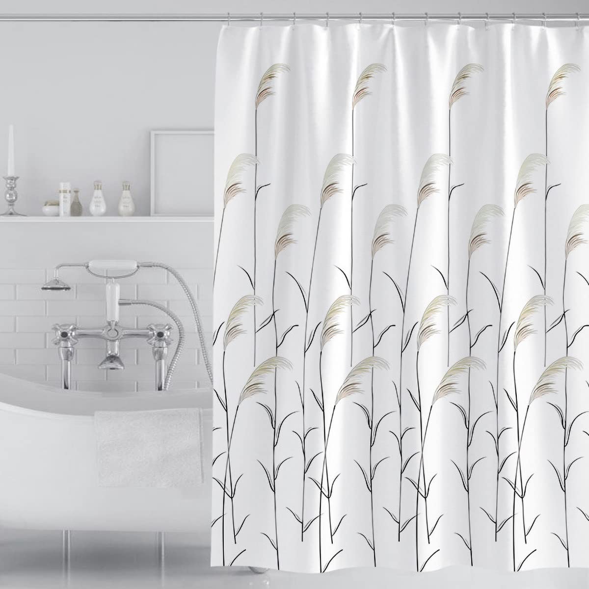 Tennove Shower Curtain 200 x 200cm Plants Reed Thick Polyester Fabric Mildew Resistant Shower Curtain Liner for Bathroom Waterproof Long Bath Curtain