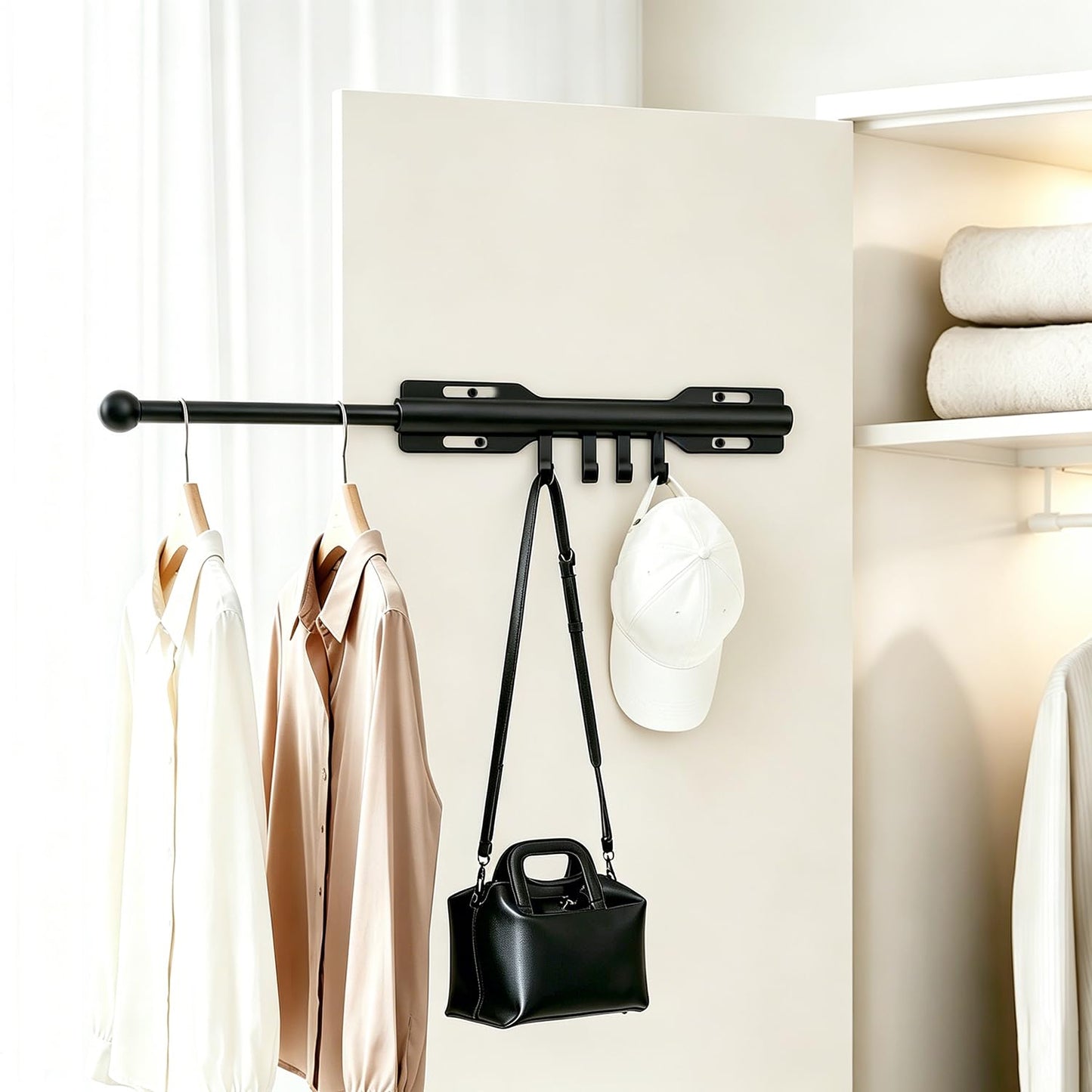 Pull out Clothes Rail, Adjustable Clothes Rail Pole with 4 Hooks, Heavy Duty Stainless Steel Extendable Wardrobe Rail for Closet, Laundry Room