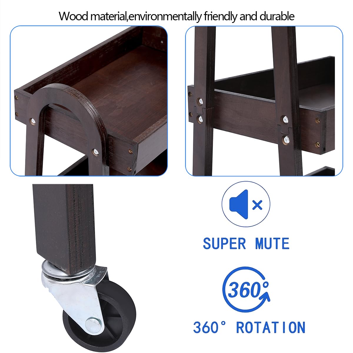 lamde 3-Tier Wooden Rolling Cart- Wooden Utility Cart wit Wheels- Utility Rolling Cart-Storage Trolley Organizer- Rolling Kitchen Cart Serving Cart