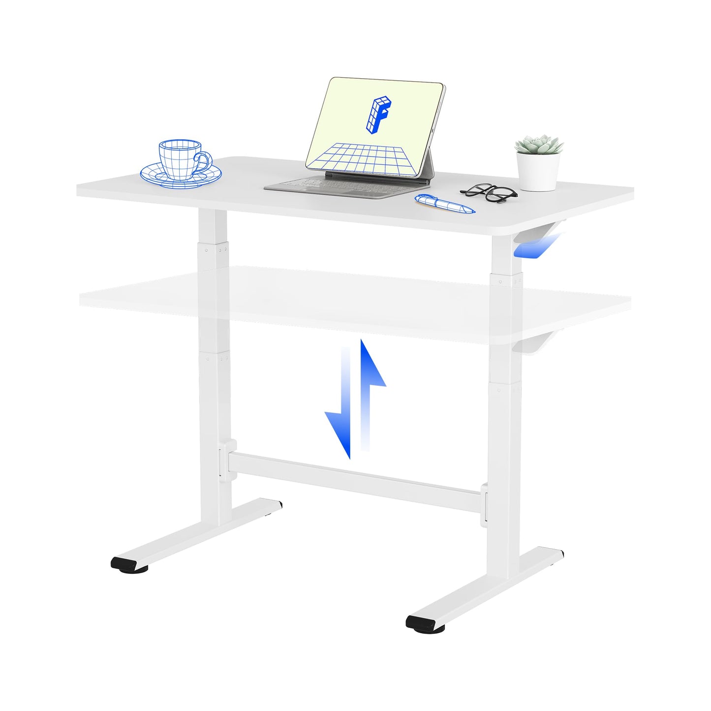 FLEXISPOT No-Electric Pneumatic Standing Desk with Wheels, Height Adjustable Rolling Laptop Table, Mobile Bedside Workstation, 100×60 cm White
