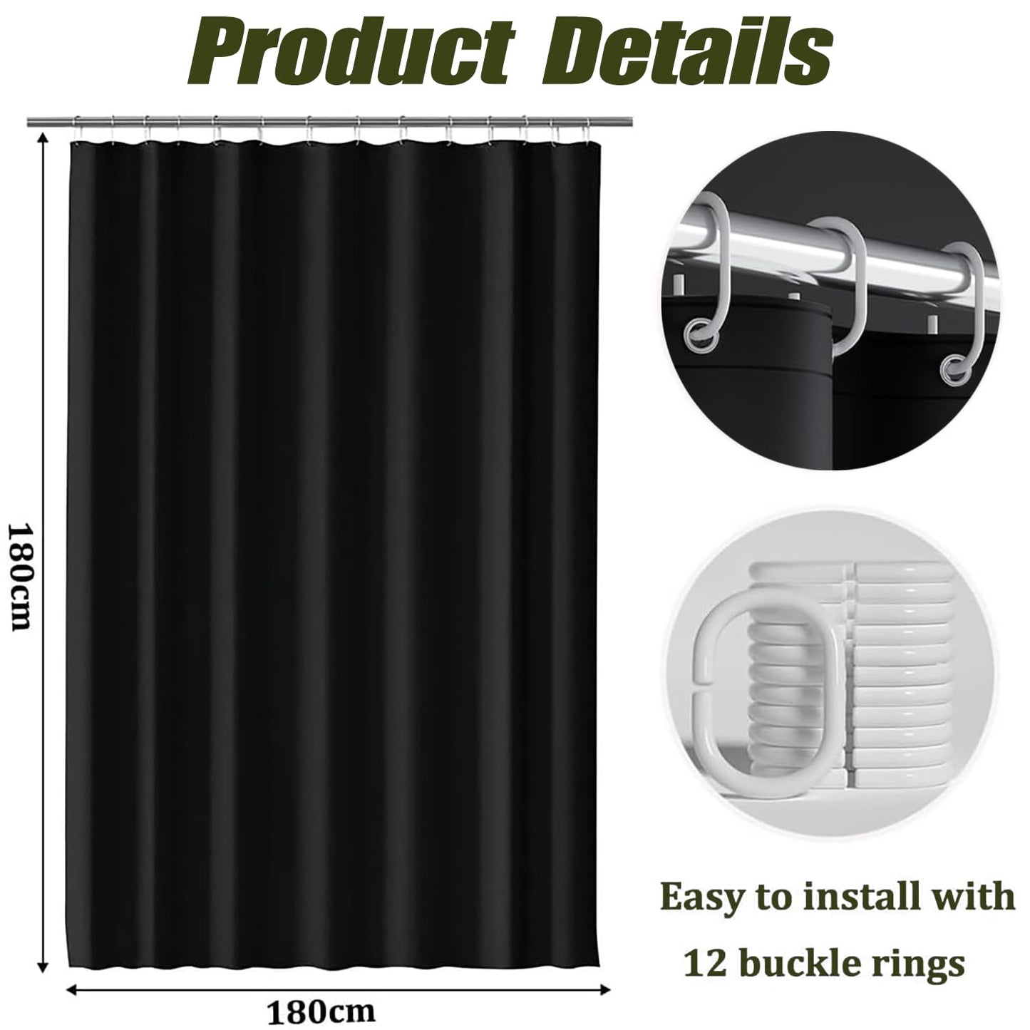 Shower Curtain, Solid Colour Fabric Shower Washable Curtain Mould Resistant and Water Repellent, Shower Curtain for Bathroom (Black,180 * 180)