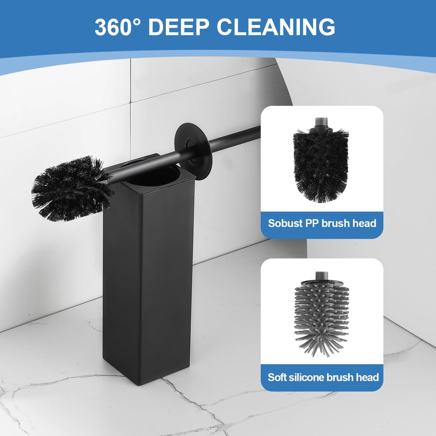 BGL Toilet Brush and Holder, Silicone Toilet Brush Holder 2 Brush Heads, Aluminum Square Loo Brush for Bathroom Cleaning, Toilet Brushes (Matte Black)
