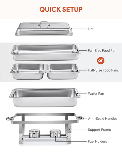 WILPREP Chafing Dish Buffet Set, 2 Pack 9L Chafers for Catering with 2 Full & 4 Half Size Pans Lids Foldable Frames Fuel Holders, Stainless Steel Food