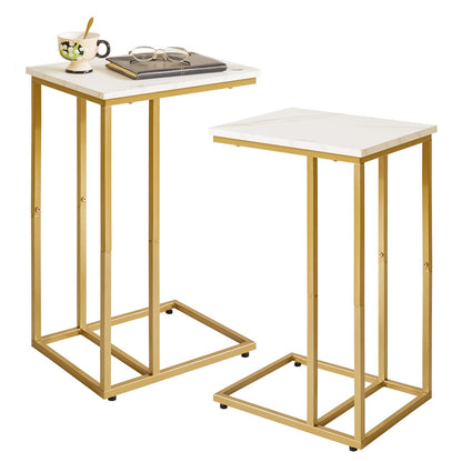 Aibiju Set of 2 C-Shaped Side Table, End Table, Sofa Side Table with Non-Slip Foot Pads for Bedroom, Living Room, Office, White Faux Marble and Gold