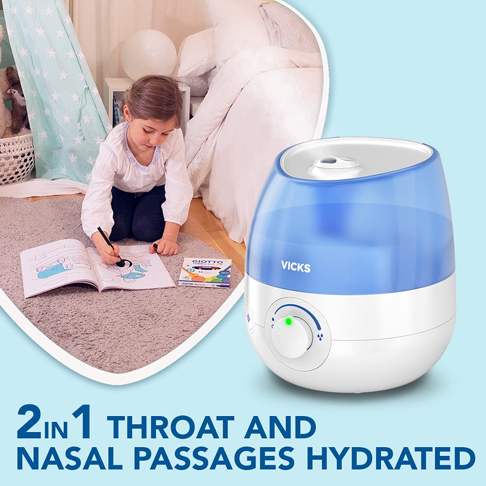 Vicks Mini Cool Mist ultrasonic humidifier - Adjustable mist control - 1.8 L Tank - Home use in bedrooms, offices, nurseries - Rooms to 15m2 - Quiet