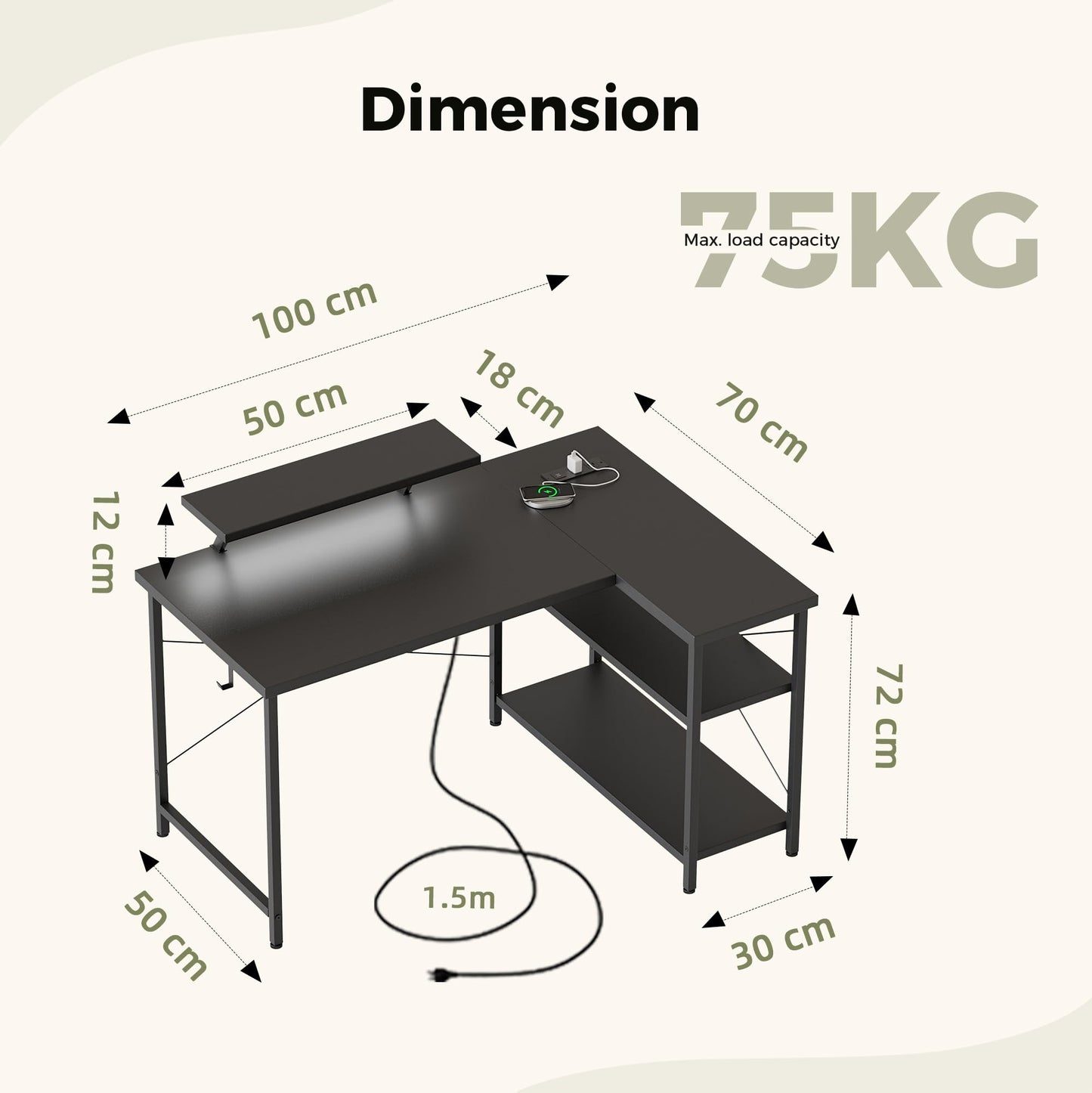 Mericonia Reversible Corner Desk, w. Led & Power Outlets, 100x70cm, Black