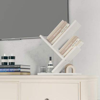YMYNY 2 Tier Tree Bookshelf, Small Bookcase, Modern Wood Book Storage Rack Organizer, Freestanding Book Shelf for Books/Movies/CDs