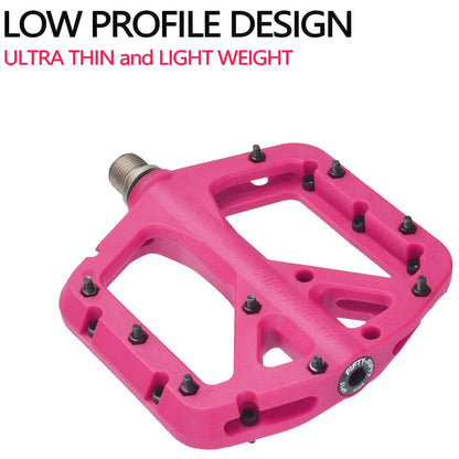 FIFTY-FIFTY Mountain Bike Pedals, Non-Slip MTB Nylon Composite, 9/16" Bicycle Pedals, Lightweight and Wide Flat Platform (Pink)