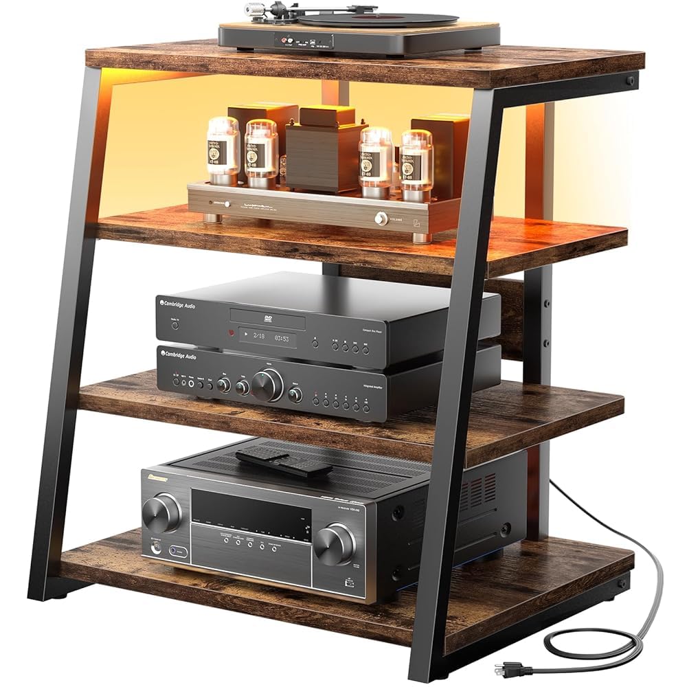 iSunirm HiFi Stand, AV Media Stand with Outlets, 4-Tier Media Console with LED Lights, Record Player Stand With Storage Shelves