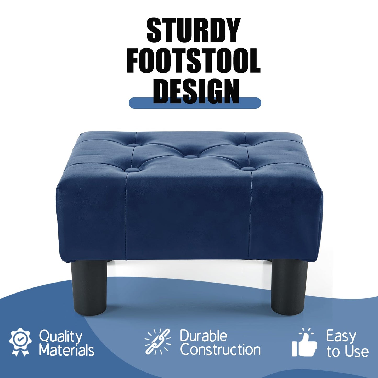 BRIAN & DANY Small Foot Stool, Faux Leather Footstool with Legs, Footstools for Living Room, Ottoman Footrest Extra Seating for Entryway, Blue
