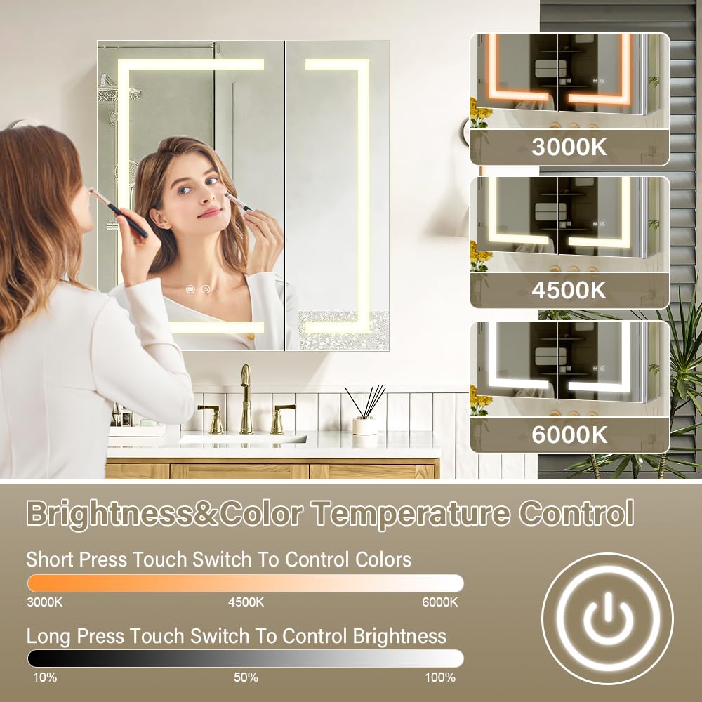 Janboe LED Mirror Cabinet,Bathroom Mirror Cabinet with Lights,61cm×71cm,Equip with Internal Light,Aluminum Construction,USB Shaver Socket,3