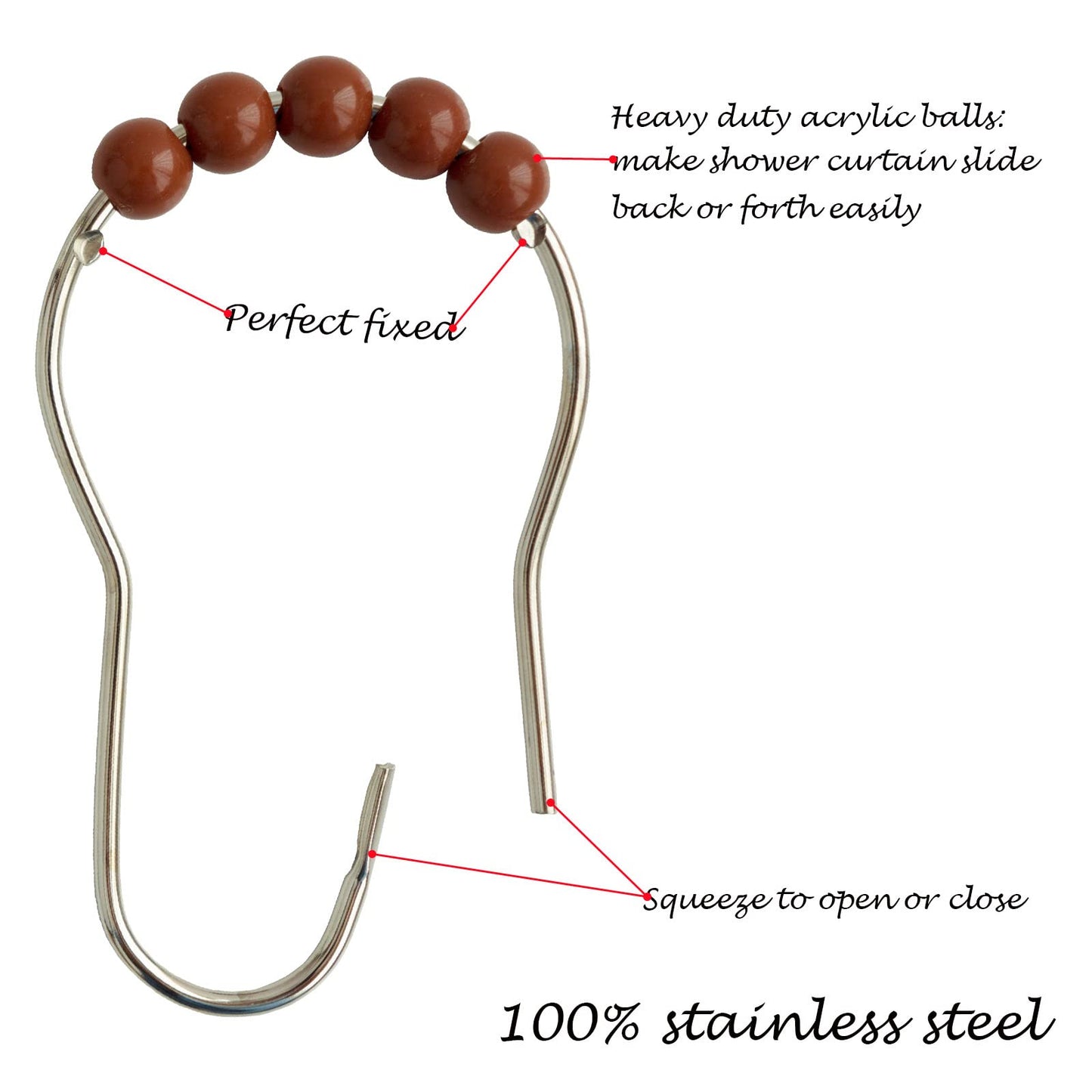 Shower Curtain Hooks Rings Stainless Steel Shower Hooks Brown Acrylic roller Balls Rustproof Heavy Duty for Bathroom Curtain(Brown/12 Pcs)