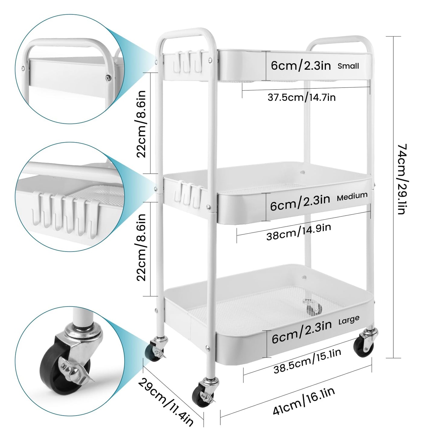 Viuxule Storage Cart, 3 Tier Metal Trolley Cart with Wheels, White Rolling Utility Cart for Kitchen, Bathroom, Office, Bedroom