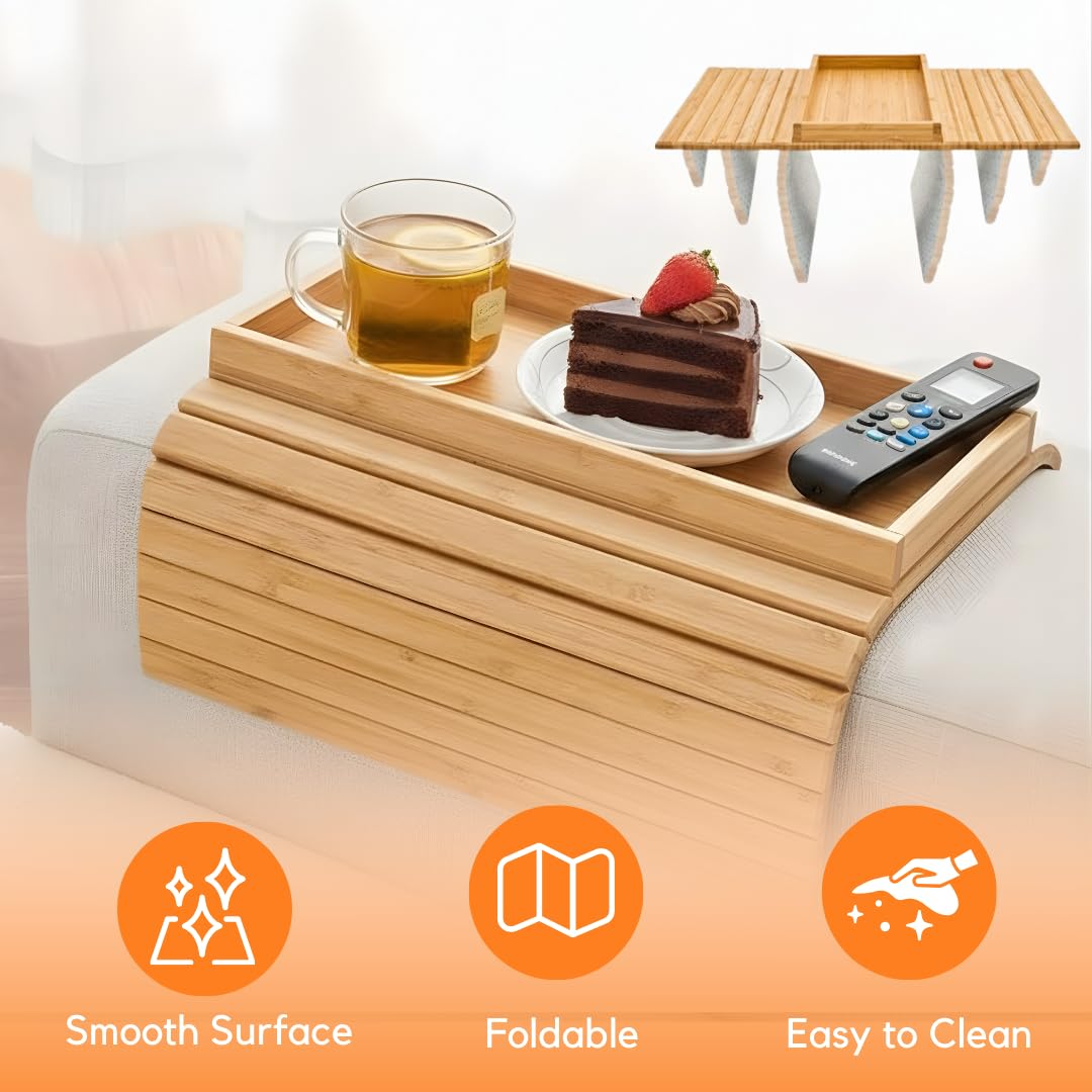Bamboo Couch Arm Tray Table, Large Sofa Armrest Tray with Raised Edges, Anti-Slip Foldable Couch Cup Holder, Armrest Organizer for Drinks, Snacks