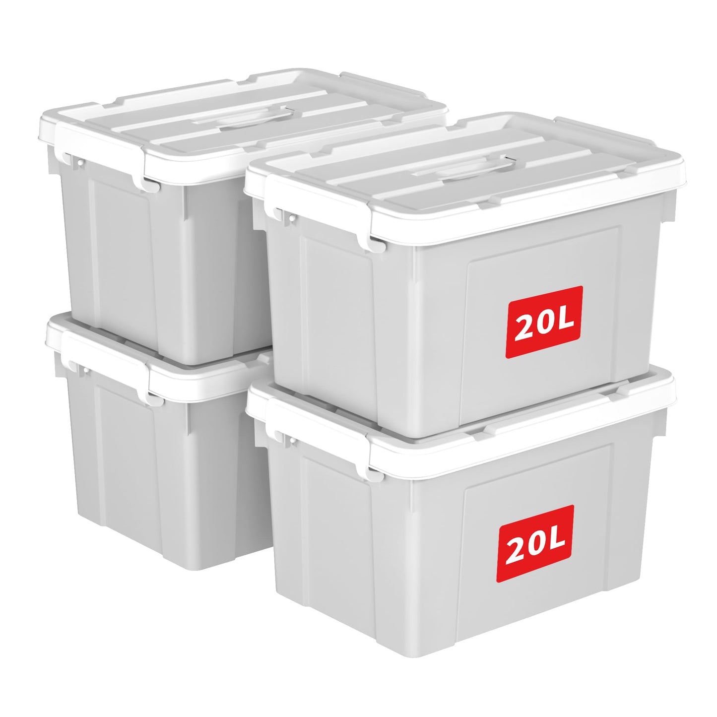 Cetomo 20L*4 Storage Boxes, Carry Plastic Storage Box with Lids, Organizing Container with Handle and Secure Latching Buckles, Stackable, Nestable