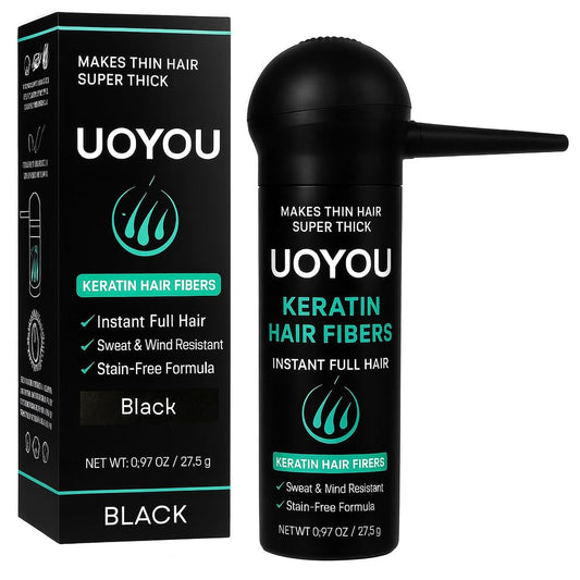 UOYOU Hair Fibres BLACK 27.5g with Pump Applicator ? Natural Keratin Hair Building Fibers for Thinning Hair ? Undetectable, Sweat- & Wind-Resistant