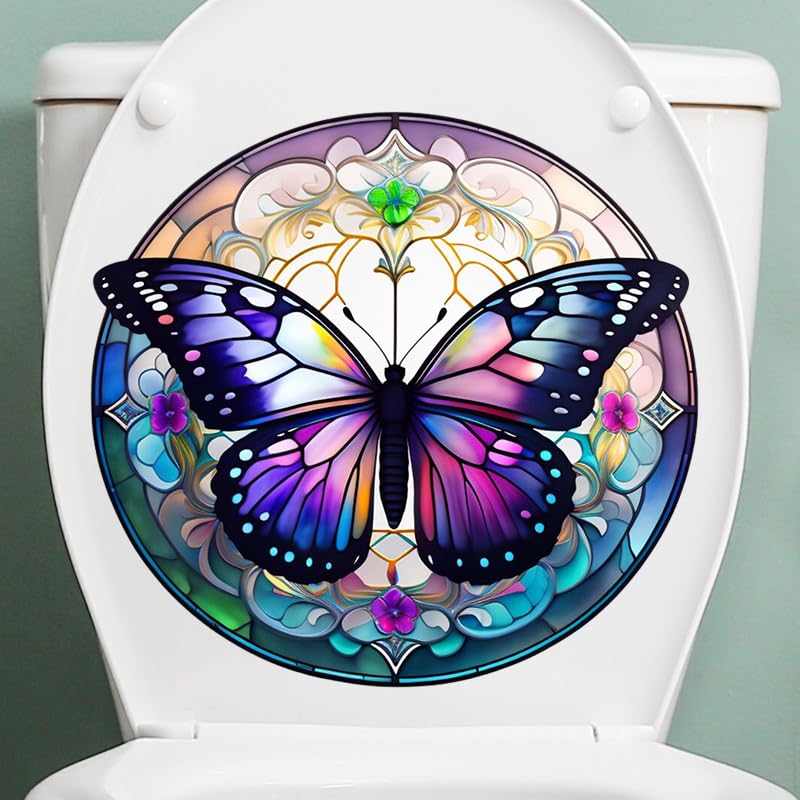 Butterfly Flowers Toilet Cover Sticker Decals,Colorful Butterfly Flowr Waterproof Toilet Lid Tank Seat Decals Cistern Self-Adhesive Bathroom Wall